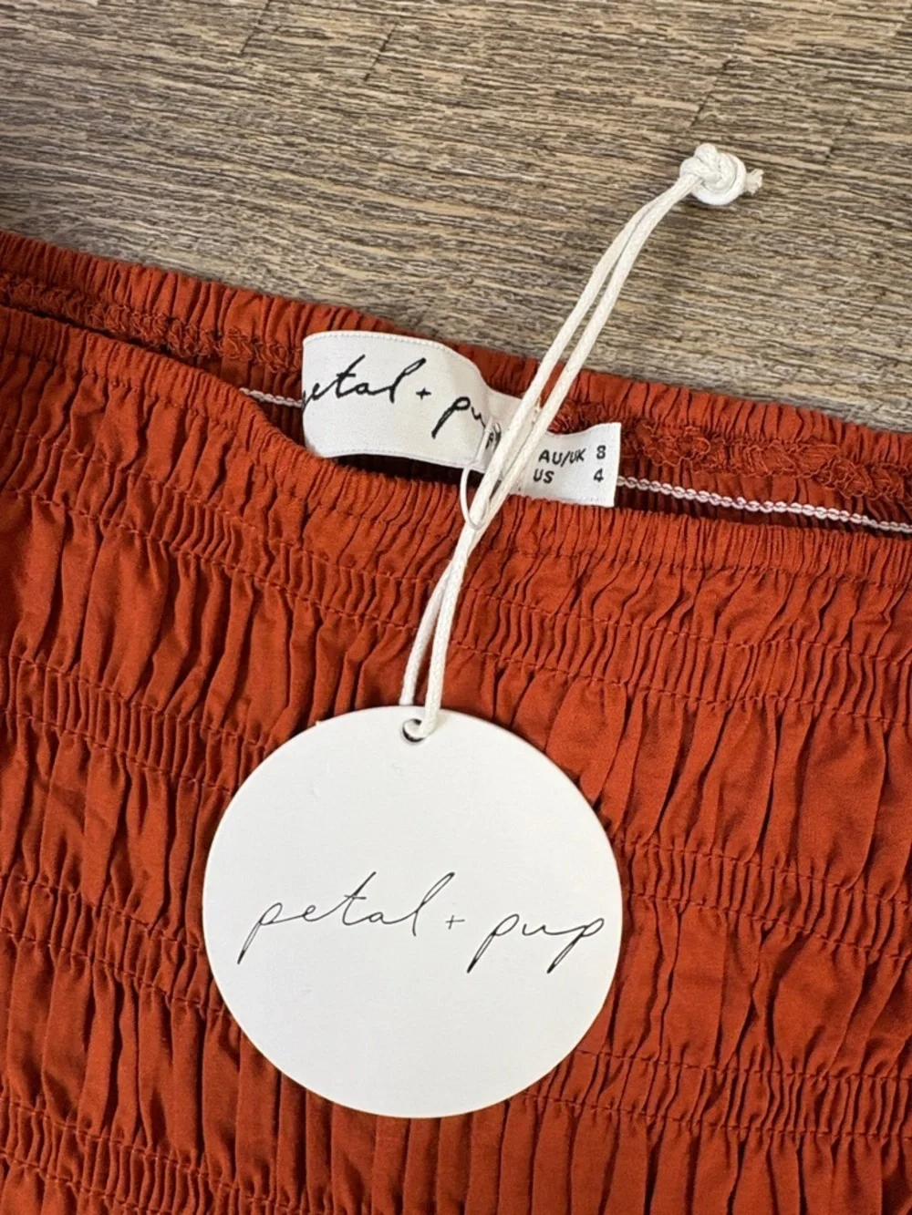 SOLD IN STORE Petal + Pup Smocked Puff Sleeve Midi Dress Rust Orange NWT Size US - Picture 7 of 13